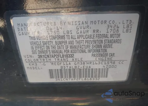 2015 Nissan Versa 1.6 Sv z USA, uszkodzony, nr VIN 3N1CN7AP2FL818332